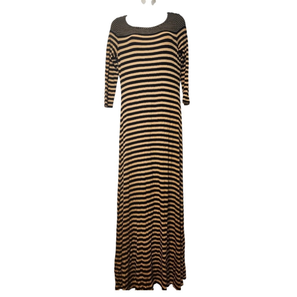 Calvin Klein Black and Tan Striped 3/4 Sleeve Maxi Dress V4